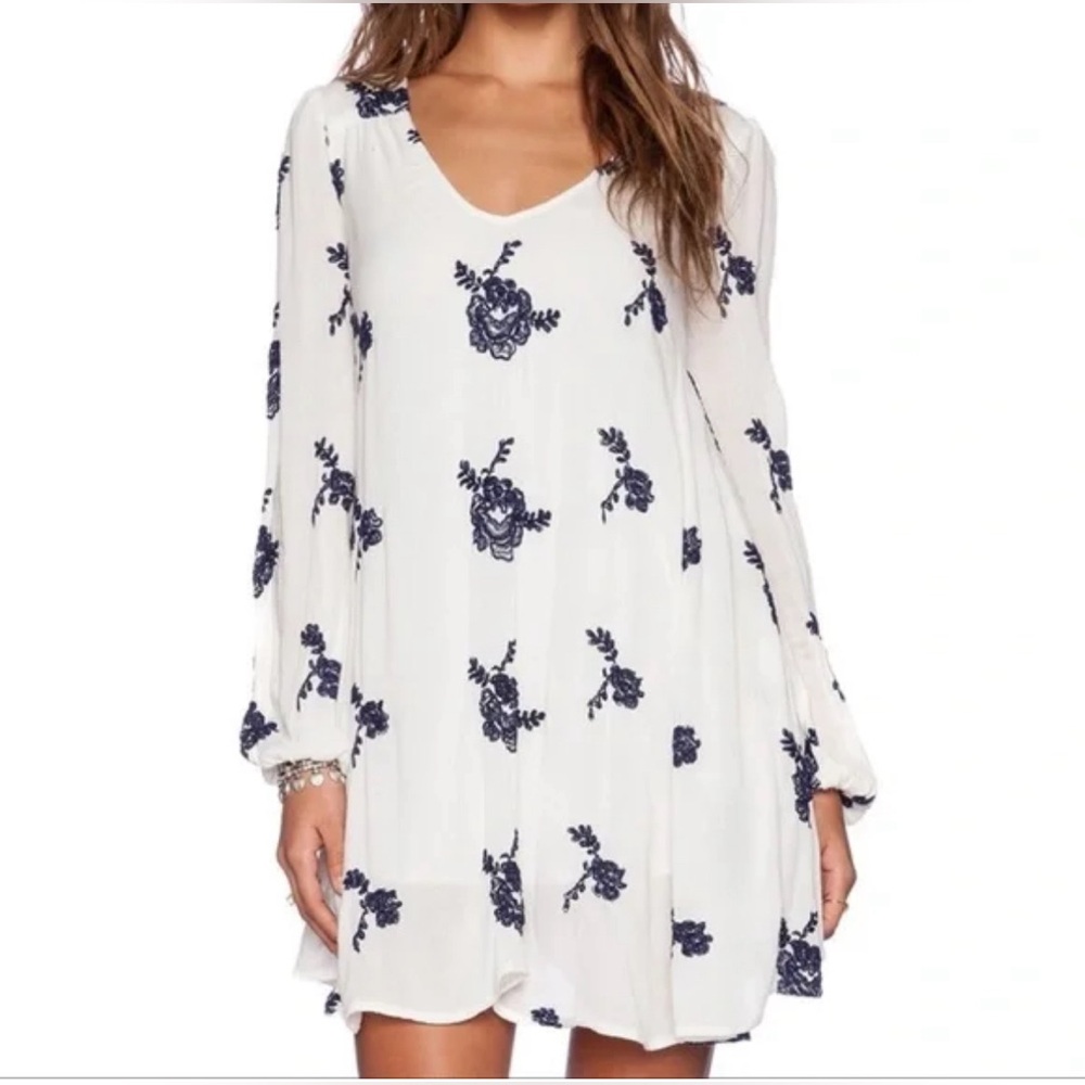 Free People White Eggshell Dress with Blue Flower Embroidery